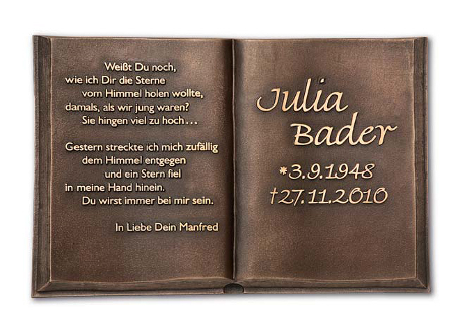Buch, aus Bronze, Schrifttafel, Grabtafel