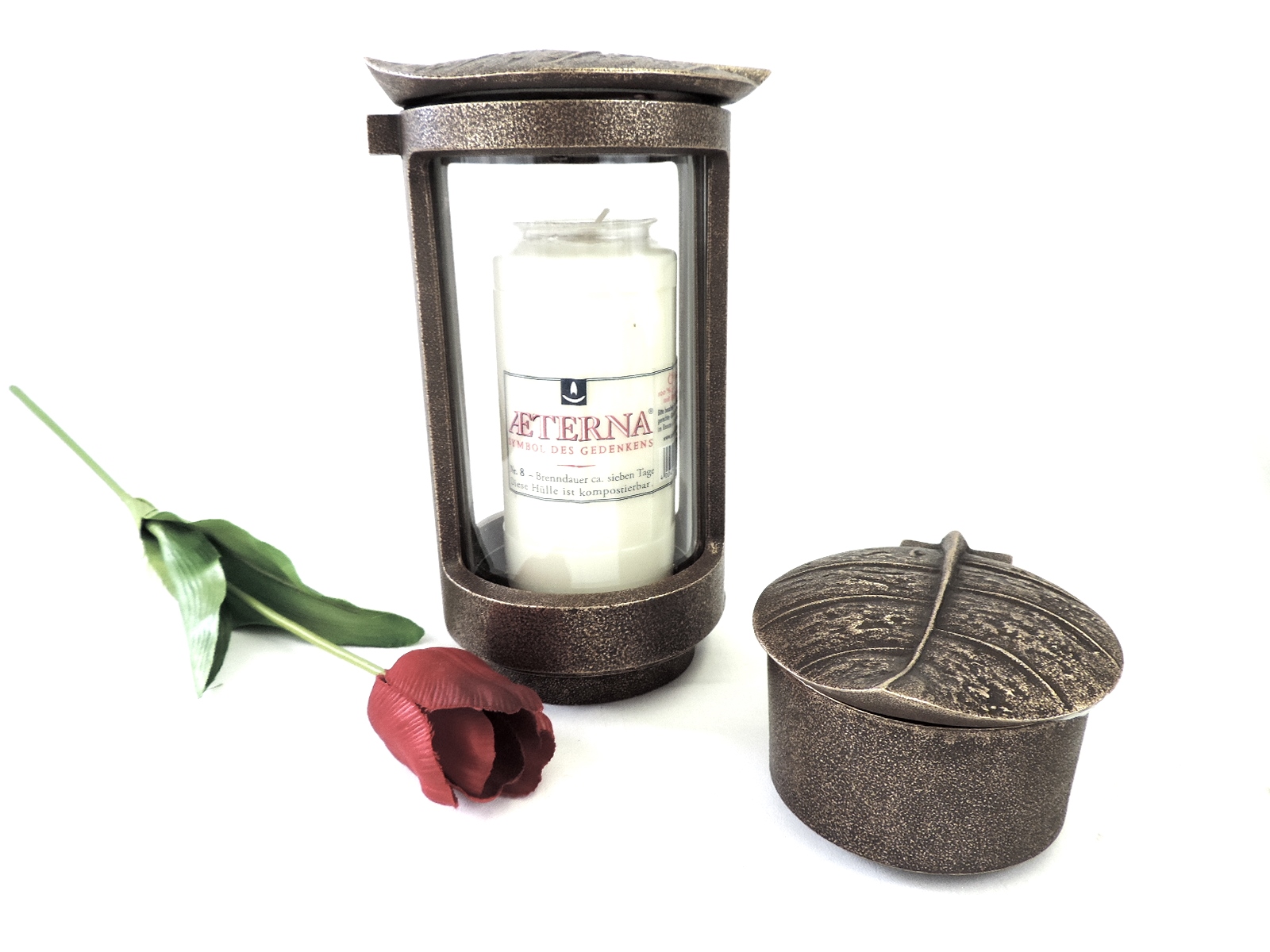 Grabschmuck- Set, "Schmuckblatt", Laterne und Weihwasserschale, Bronze