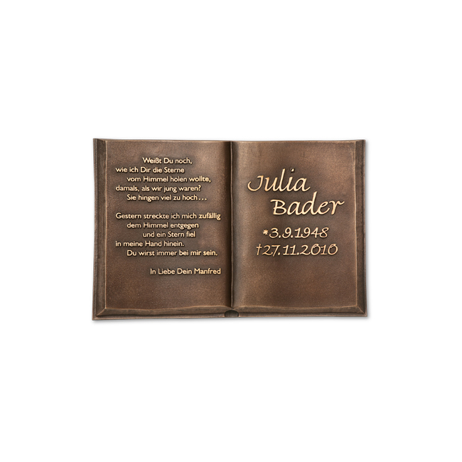 Aufgeschlagenes Buch, Bronze, Schrifttafel, Grab